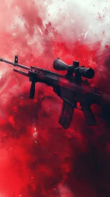 Tactical rifle with red ink splatter effect.