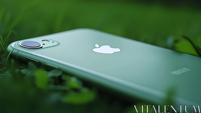 Green iPhone with camera lens resting on natural grass backdrop
