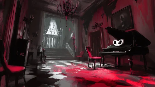 Grand hall interior with piano and red accent lighting.