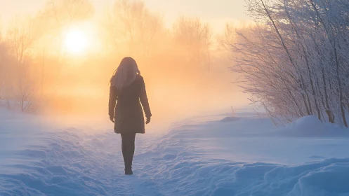 Silhouette of person walking through snowy field at sunrise
