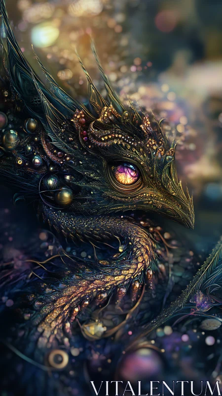Gilded starlight dragon coils through jeweled cosmic mist.