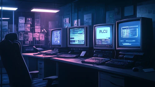 Dimly lit control room with multiple retro computer monitors.