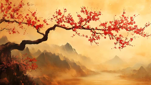 Cherry blossom branch above misty mountain landscape.