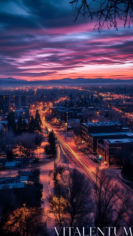 Long-exposure twilight cityscape with luminous traffic trails.