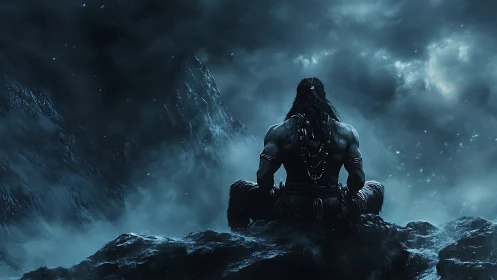 Digital painting of lone warrior meditating in stormy mountain void.