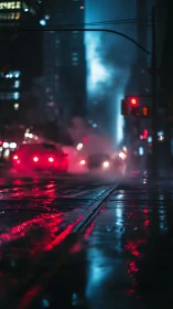 Neon rainstorm ignites a misty midnight city avenue.