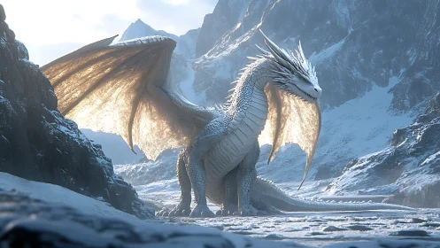 Majestic ice dragon resting softly in a sunlit winter pass.
