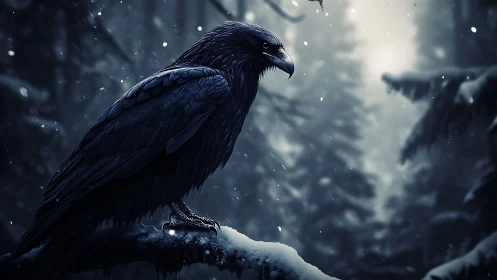 Solitary raven surveys a silent snowbound forest at dusk
