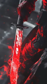Armored hand gripping red energy sword in close view.