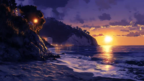 Golden sunset soaks a quiet coastal cove in gentle evening light