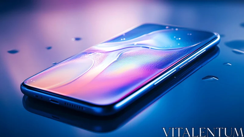 Sleek modern smartphone with water droplets, futuristic lighting style.