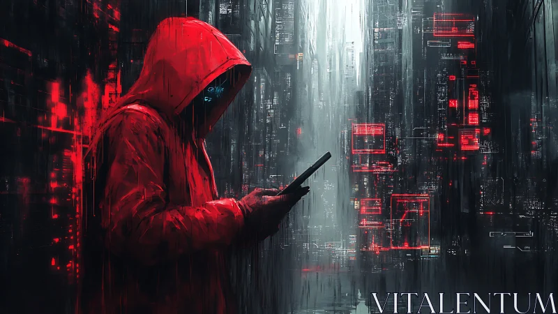 Neon ghost in a red hood decoding the rain-slick city grid.