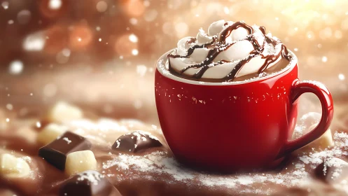 Red mug hot chocolate with whipped cream and drizzle.