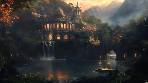 Twilight river palace hums quietly above silver falls