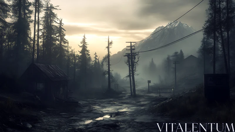 Fog-drenched mountain road with abandoned rural powerlines.