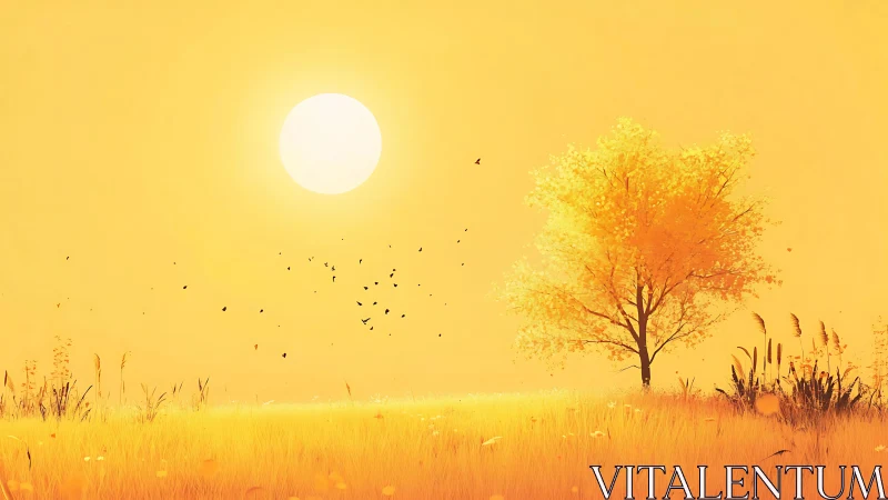 Golden meadow sunrise with solitary autumn tree glowing