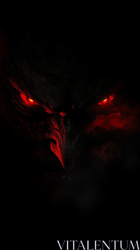 Demonic red-eyed face emerging from deep black void.