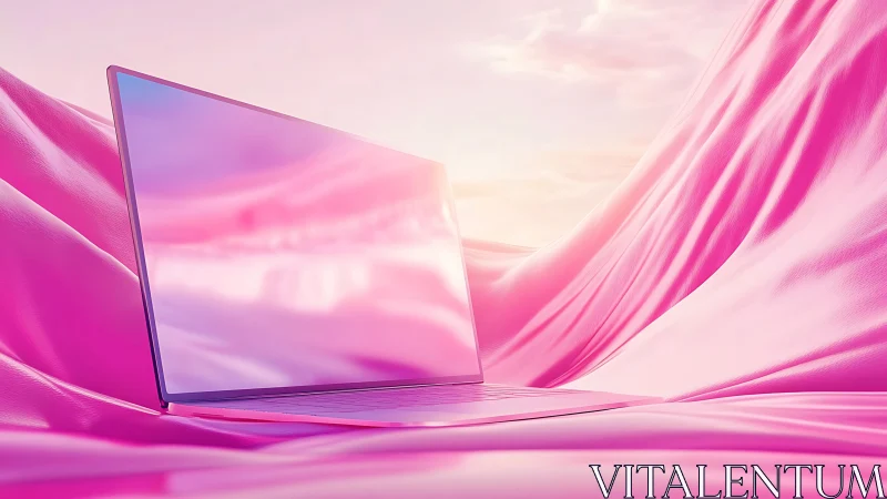 Ultraslim laptop on glossy pink fabric under pastel sky.