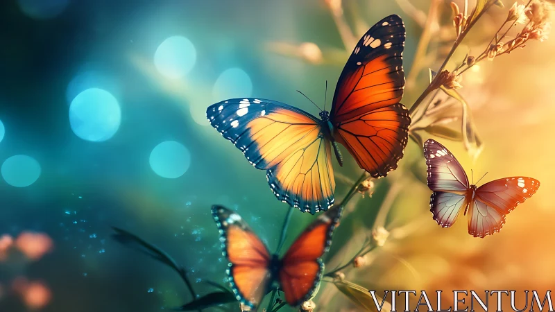 Macro digital study of orange blue butterflies on bokeh branch