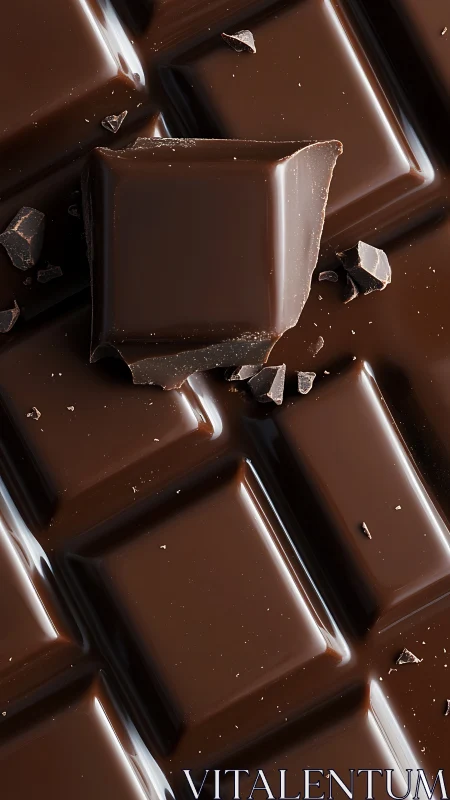 Chocolate bar fragment with broken pieces arranged on reflective surface.