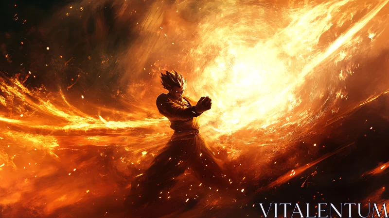 Fiery anime warrior channels swirling solar energy storm.
