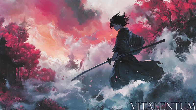 Lone samurai strides through crimson mist beneath blazing sky.