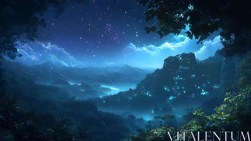 Luminescent Valley Convergence: Bioluminescent Forest Ecosystems Beneath Stellar Zenith.