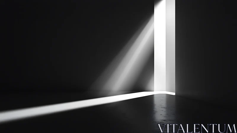 Sharp light beam cuts through minimal dark interior space.