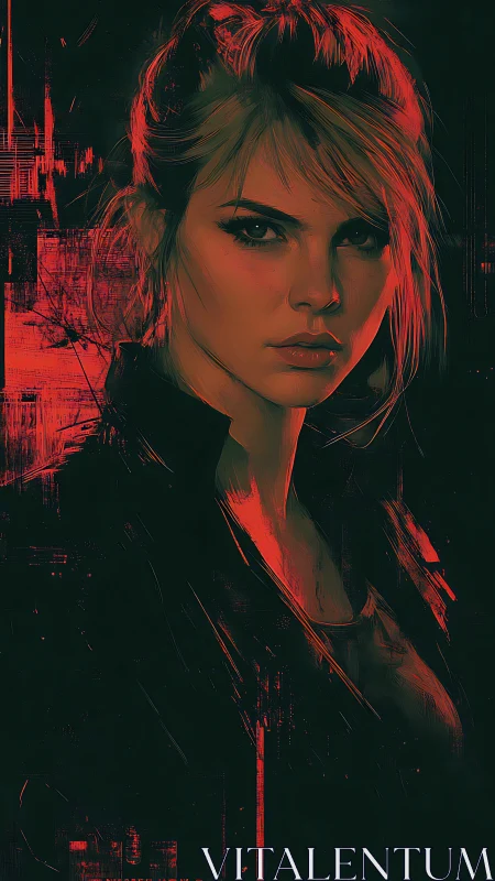 Neon vigilante in crimson glitchlight stares back.