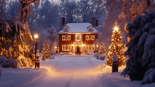 Snowy winter home glows with cozy golden holiday lights