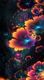 Cosmic garden of glowing neon blossoms in deep night sky.