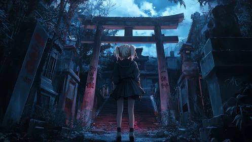 Anime schoolgirl faces eerie shrine gate under moonlit sky.