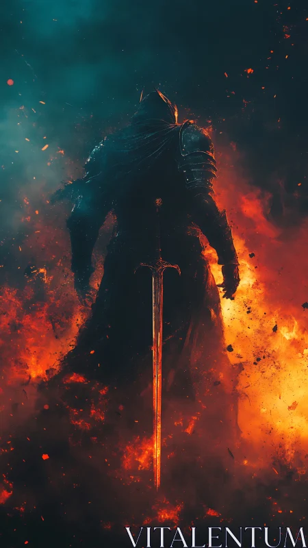 Armored figure with sword amid dense orange flames.