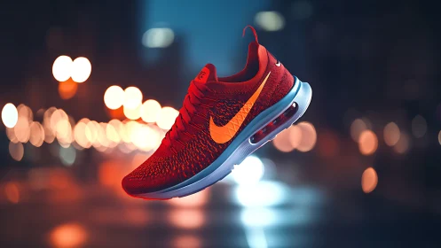 Red athletic shoe with visible air sole in urban bokeh scene.
