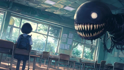 Quiet schoolgirl meets a looming shadow monster in class