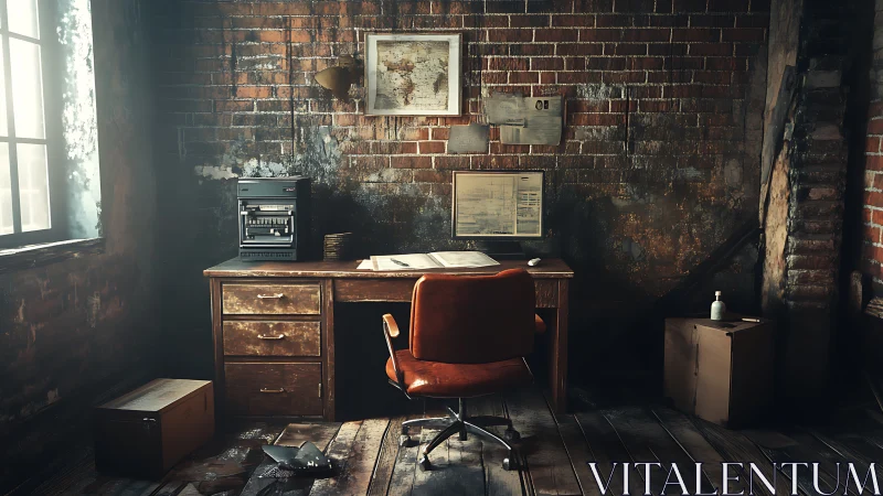 Aged brick office corner shows worn desk, rotary chair and typewriter