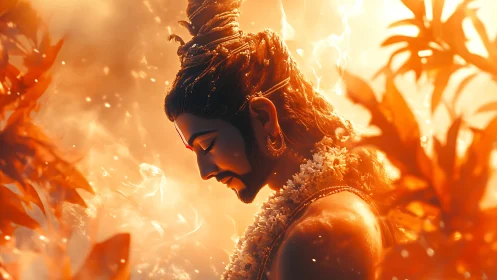 Flame-kissed deity bows into a hush of molten sunlight