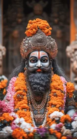 Ornate Hindu deity sculpture with marigold garlands and silver crown