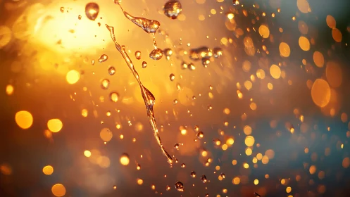 Water droplets suspended in warm orange bokeh light