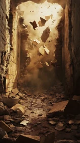 Stone corridor unravels upward in a storm of flying rubble