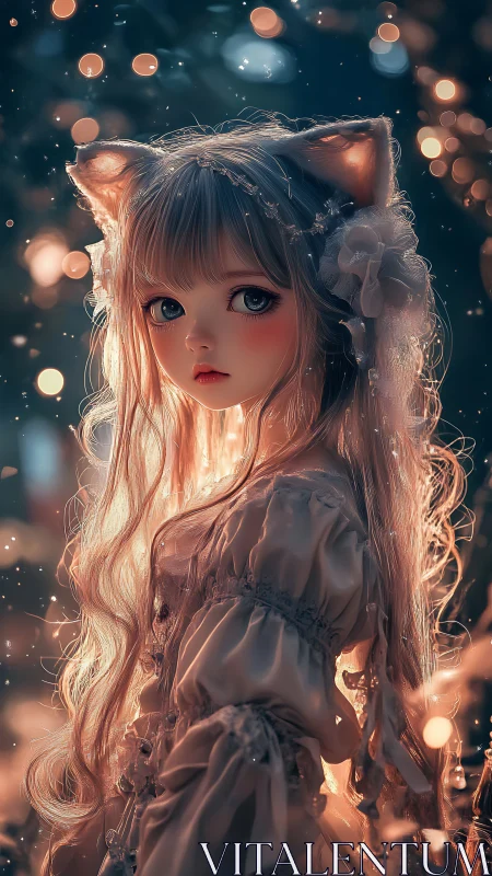 Backlit catgirl portrait with volumetric bokeh and soft rim lighting