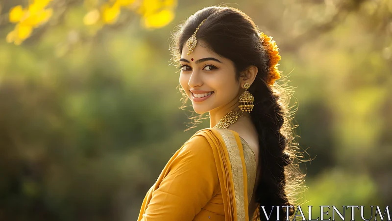 Sunlit saffron smile in golden traditional elegance portrait.