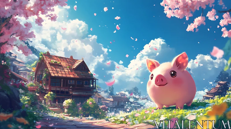 Whimsical pig under sakura blossoms in stylized village lighting