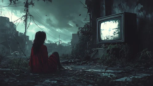 Solitary child in red studies glowing ruin-screen in dusk