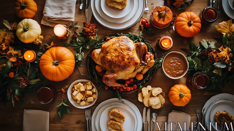 Photorealistic autumn feast layout with roast turkey centerpiece.