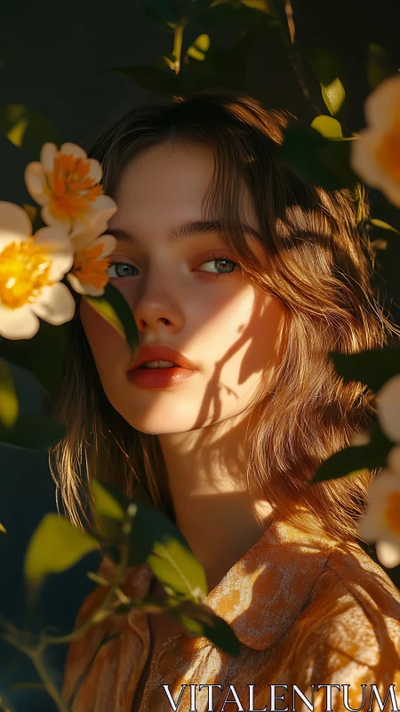 Golden hour portrait with floral foreground occlusion and soft bokeh
