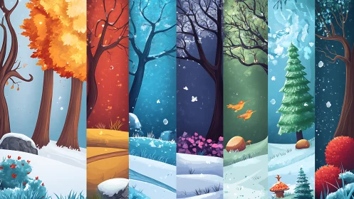 Seasonal forest panorama rendered in vertical story panels.