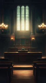 Sunlit wooden courtroom stands silent in solemn stillness.
