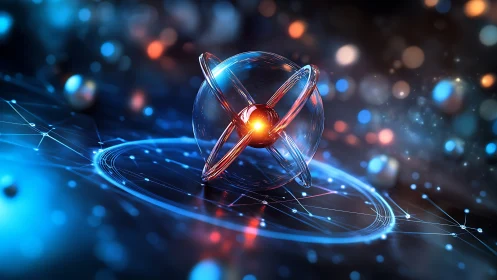 Quantum energy core rendered as glowing orbital sphere construct