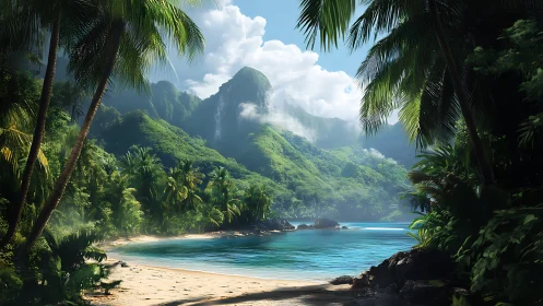 Tropical Valley Sanctuary: Layered Mountain Landscape with Pristine Beach Cove.